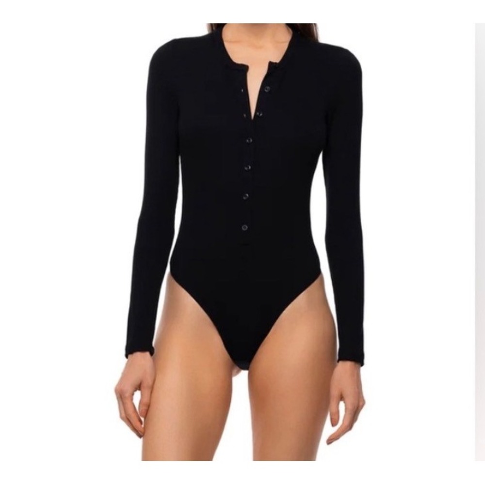 Betro Simone Black Ribbed Long Sleeve Button Front Bodysuit Small Made in USA